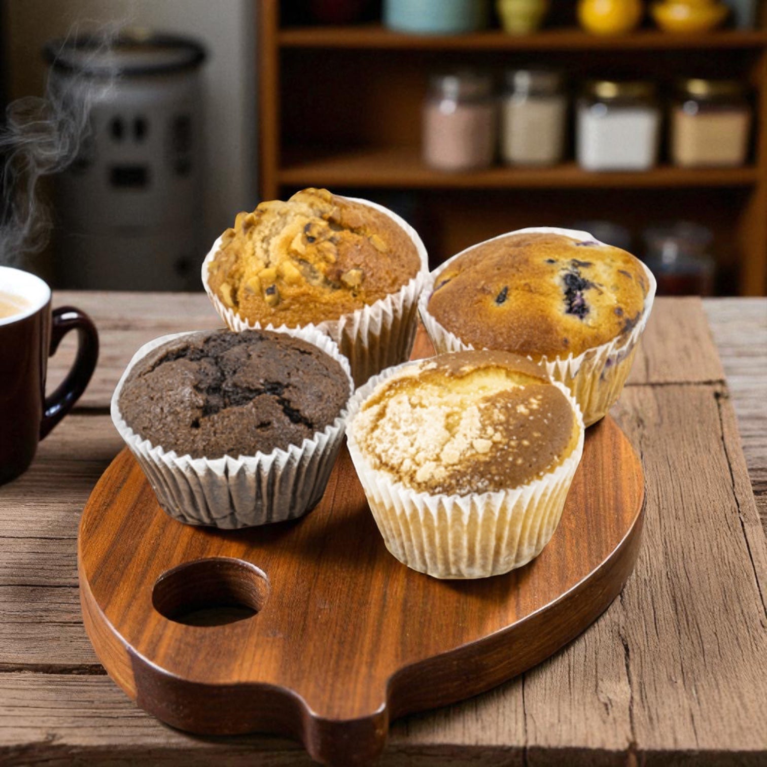 Four Baker's Source Classic Muffin Assorted Individually Wrapped 4.25 oz muffins on a wooden board beside coffee, with kitchen shelves in the background. Product: Bakers Source Muffin Assorted Individually Wrapped 4.25 oz - 24 Count.