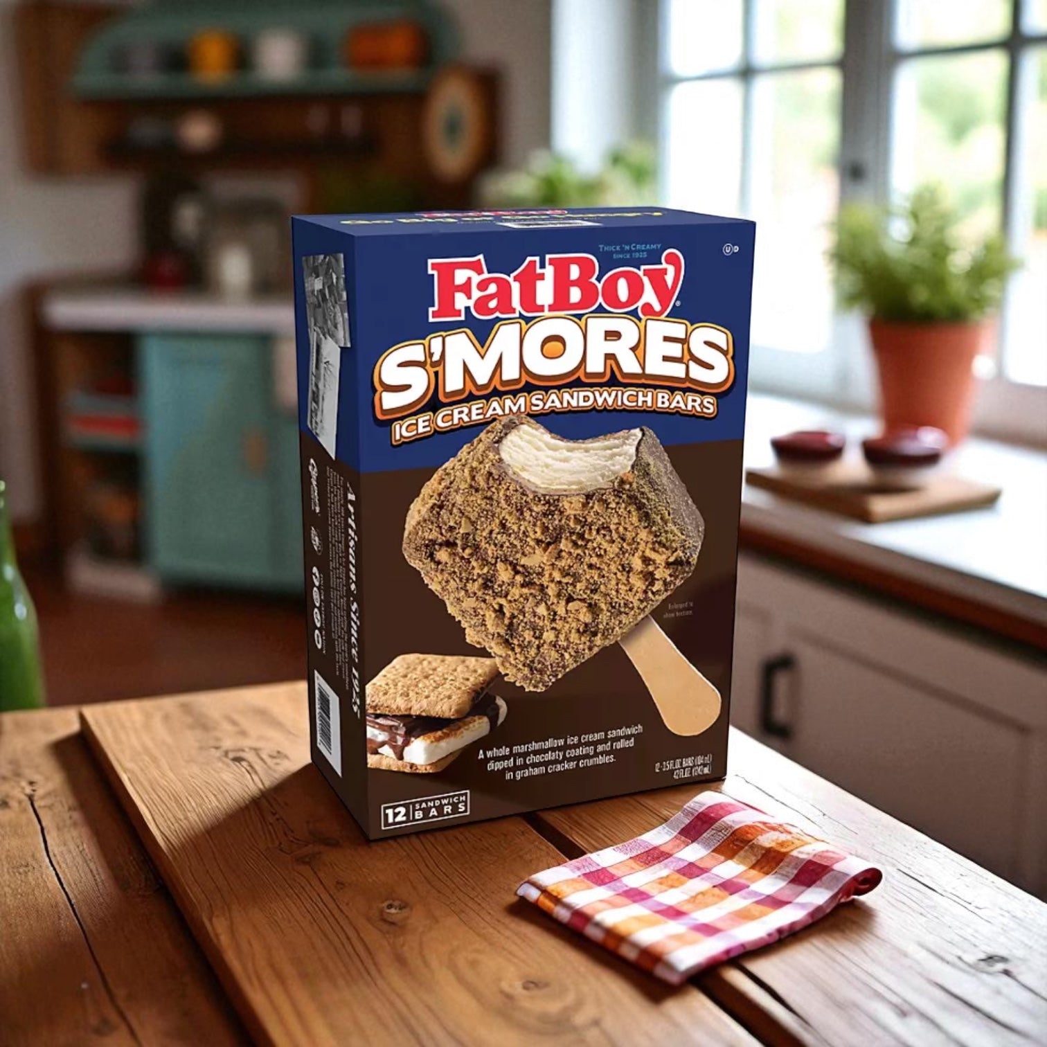 A box of FatBoy Smores Sandwich Bars, 12 Count, sits on a wooden kitchen table next to a checkered cloth with kitchen items and a window in the background—available at Sam’s Club.