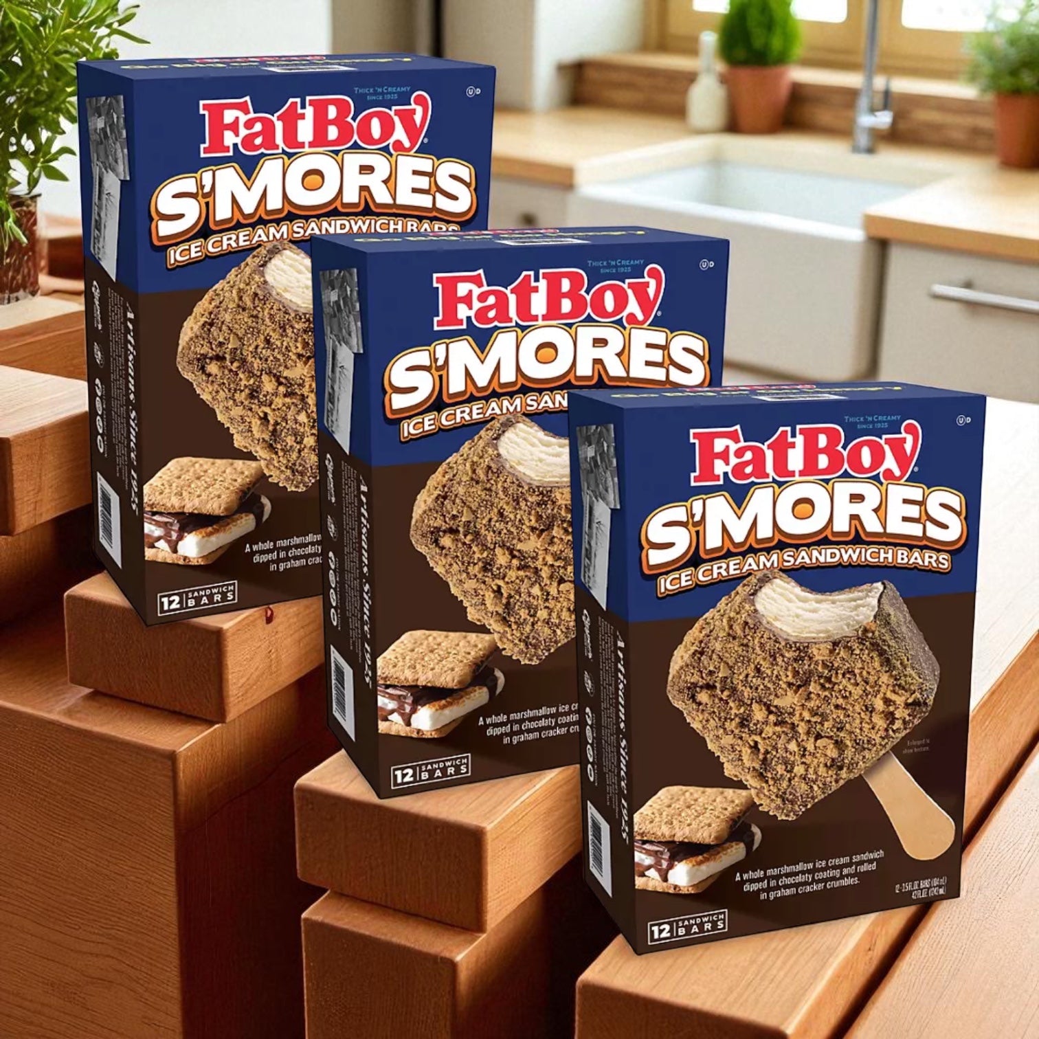 Three boxes of FatBoy Smores Sandwich Bars, 12 Pack - 3 Count, are displayed on a kitchen counter with a window backdrop, showcasing these delicious frozen treats available from FatBoy.