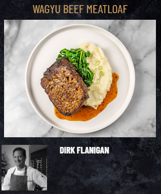 Plate of FoodHaul's premium frozen meal showcasing the Wagyu Beef Meatloaf with creamy mashed potatoes, savory gravy, and fresh greens. The text above emphasizes "Wagyu Beef Meatloaf," calling attention to its tender texture. Below is a black and white photo labeled "Dirk Flanigan.