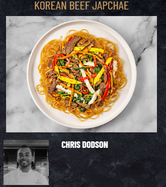 A plate featuring FoodHaul's Korean Flank Steak with japchae and vegetables on a marble surface highlights the vibrant beauty of Korean cuisine. Below, a black and white photo labeled "Chris Dodson" captures the person's warm smile, reflecting the joy found in every bite, perfectly seasoned with a savory marinade.