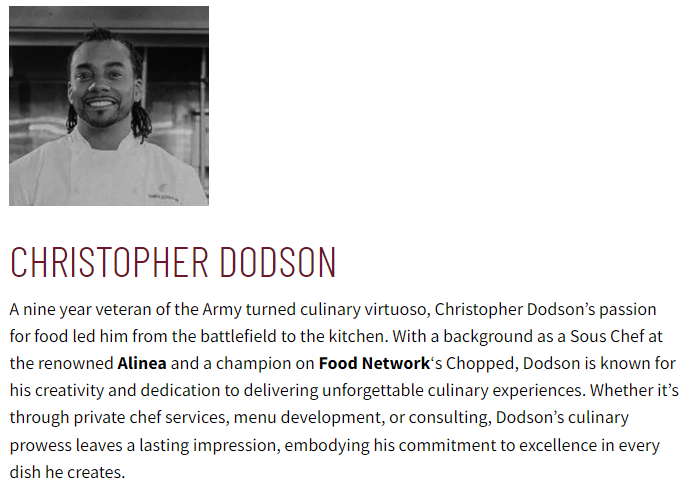 A portrait of a smiling chef with text detailing Christopher Dodson's remarkable journey from Army veteran to culinary expert, showcasing his work and achievements in Korean cuisine. Renowned for the FoodHaul Korean Flank Steak - 1 Count, his exceptional skill in crafting marinades distinguishes him in the culinary world.