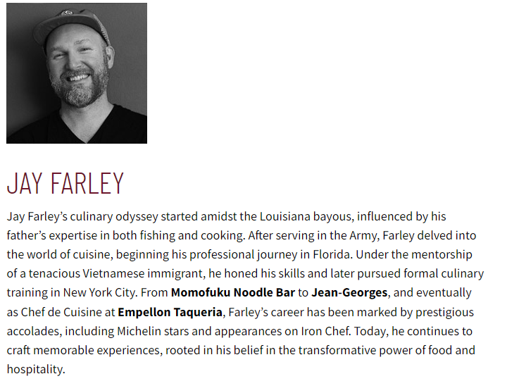 A smiling person wearing a cap highlights Jay Farley's culinary journey and achievements, demonstrating his expertise in authentic Mexican flavors with the signature FoodHaul Al Pastor Chicken Tacos-1 Count, crafted using high-quality ingredients.