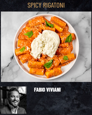 Enjoy a dish of FoodHaul Spicy Rigatoni featuring creamy tomato sauce, garnished with cheese and basil. An inset includes a grayscale photo of a man labeled Fabio Viviani.