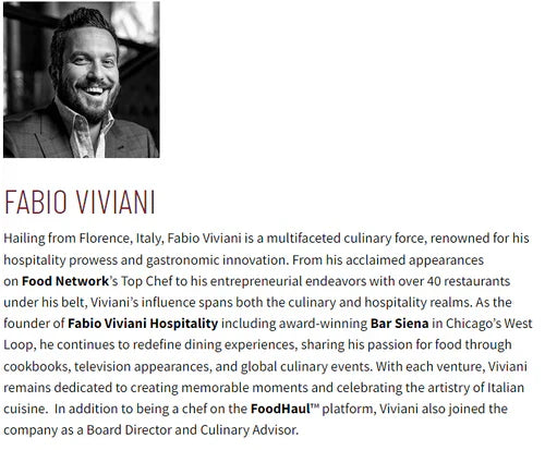 Image of a text passage about Fabio Viviani featuring his culinary achievements, TV appearances, and entrepreneurial pursuits. Discover how this master chef brings his signature Italian flair to dishes like FoodHaul's Chicken Parmesan by Fabio Viviani.