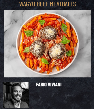 Plate of FoodHaul Wagyu Penne With Meatballs, featuring tender wagyu beef meatballs atop penne pasta with rich tomato sauce and fresh basil leaves, generously topped with grated cheese for a gourmet experience. Below is a black and white photo of a smiling man labeled "Fabio Viviani.