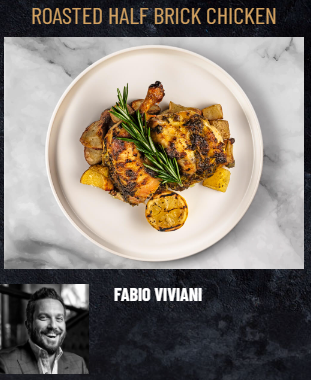 A serving of FoodHaul Roasted Half Brick Chicken includes crispy-skinned chicken accompanied by herbs and potatoes, elegantly adorned with fresh rosemary and grilled lemon. Below the image is a black and white portrait of chef "Fabio Viviani.