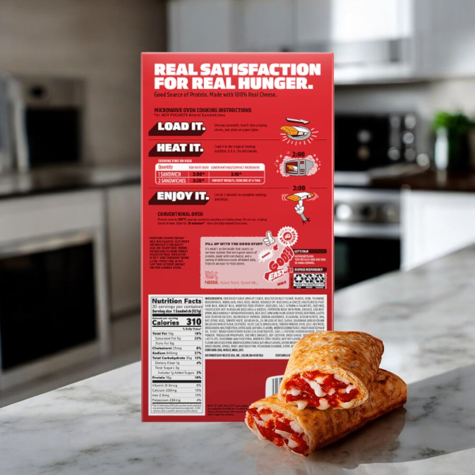 The Awesome Comfort Meal Pack by Hot Pockets, with 4 boxes, sits on the counter. Perfect for college care packages or quick meals, it includes cooking instructions and nutritional info. One cooked snack is showcased in front of the box—your favorite treat ready to enjoy!.
