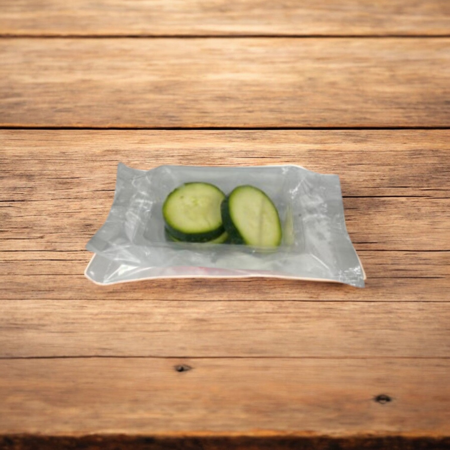Sliced Zucchini from Easy Lunches, embodying freshness, rests in a clear plastic bag on a wooden surface.