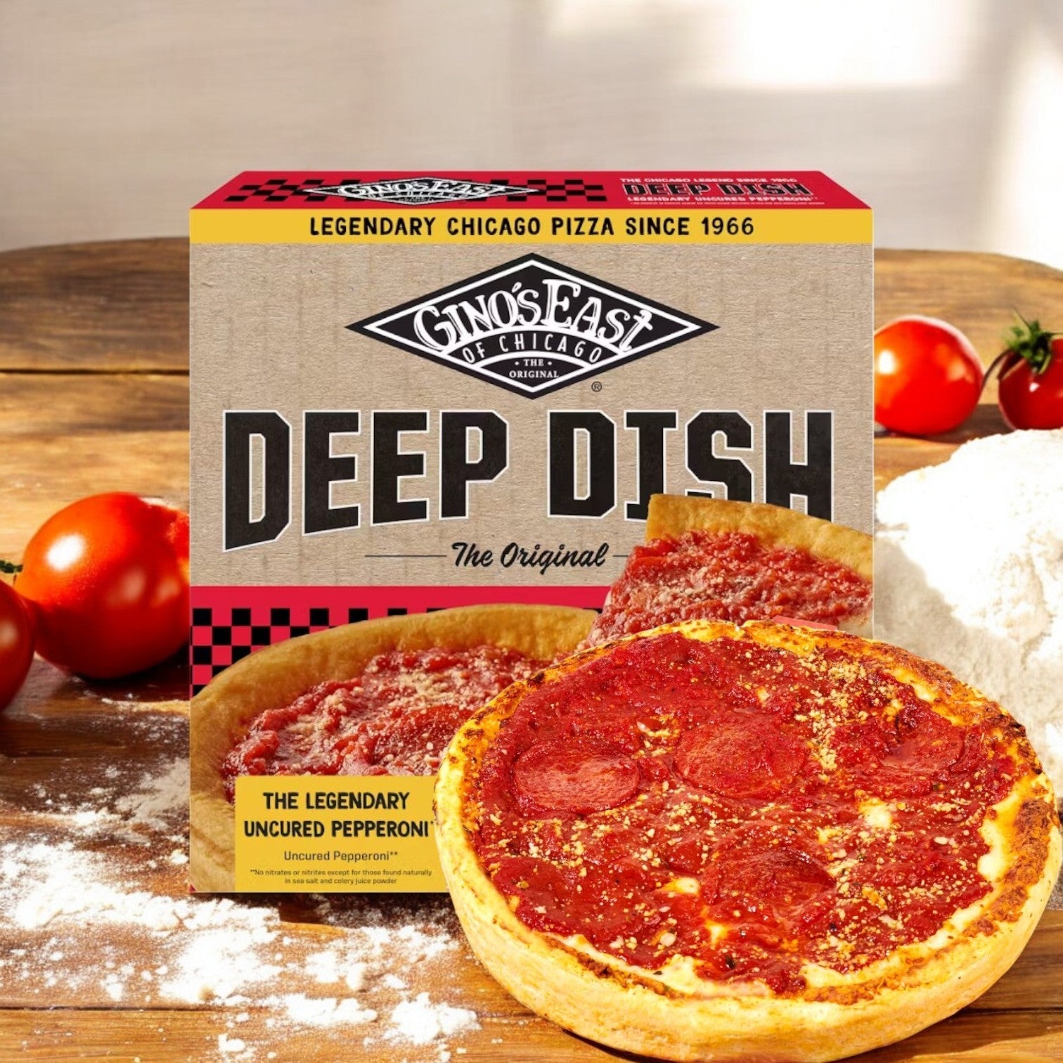 Gino's East Pizza, Uncured Pepperoni, Deep Dish, 32 oz., highlights its buttery crust and uncured pepperoni on the box. Fresh tomatoes and flour surround the text proudly celebrating its Chicago origins since 1966.