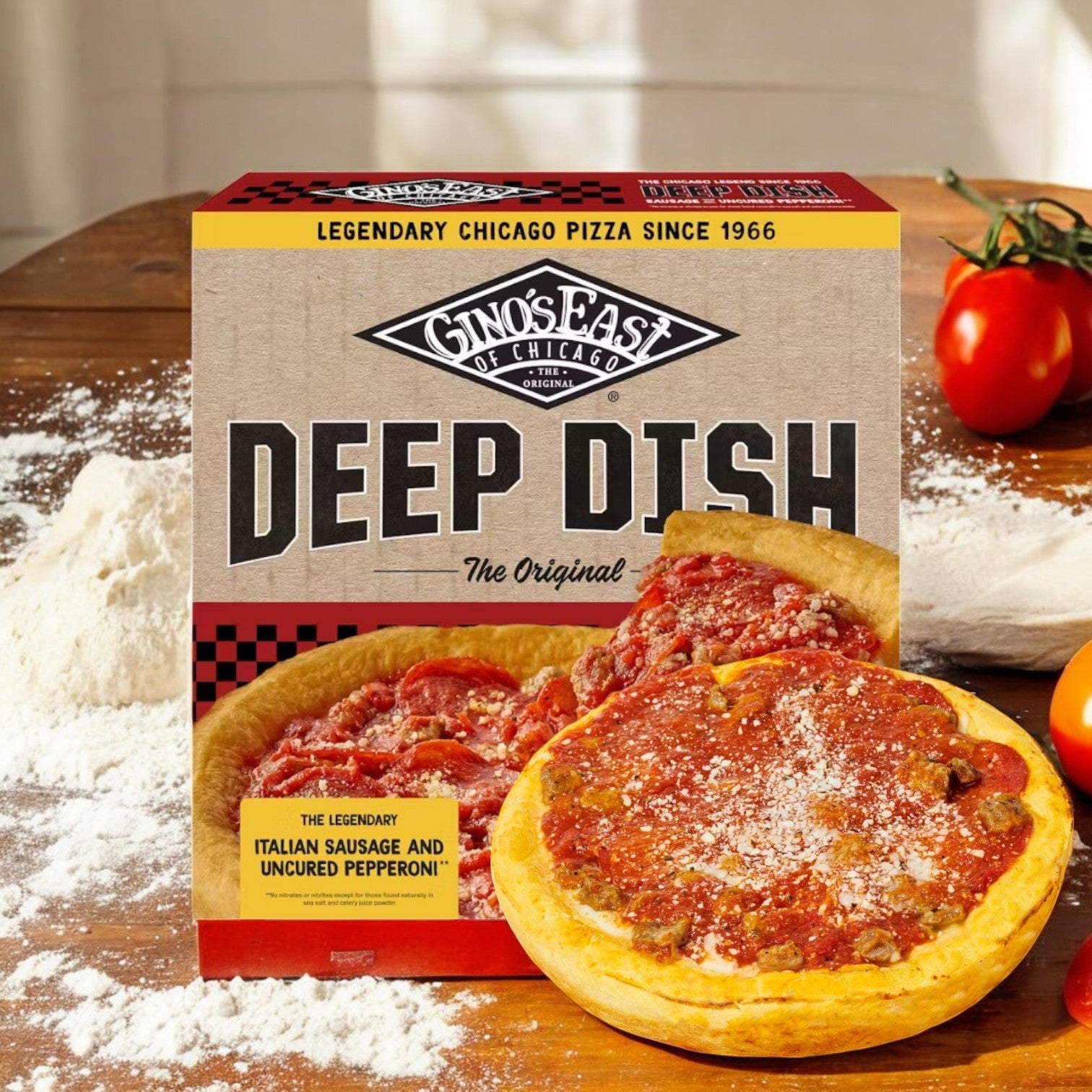 A Gino's East Pizza Deep Dish (Sausage & Uncured Pepperoni, 32 oz) sits on a wooden table with fresh tomatoes and flour around it.