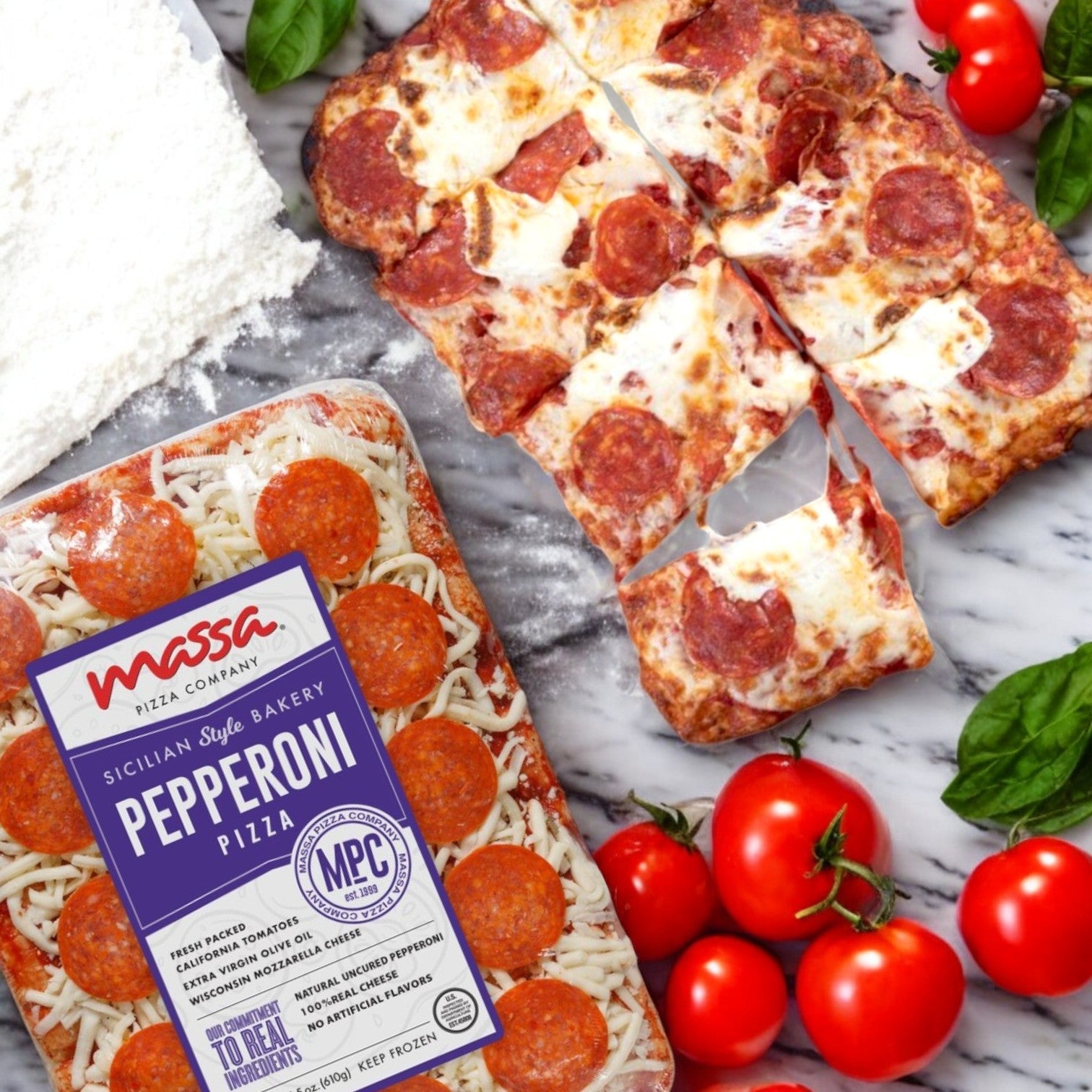 Massa Pizza Pepperoni Pizza – 3 Pack (21.5 oz. Each), by Massa Pizza, features a frozen hand-stretched crust next to baked slices on a wooden table with fresh basil, tomatoes, and flour.
