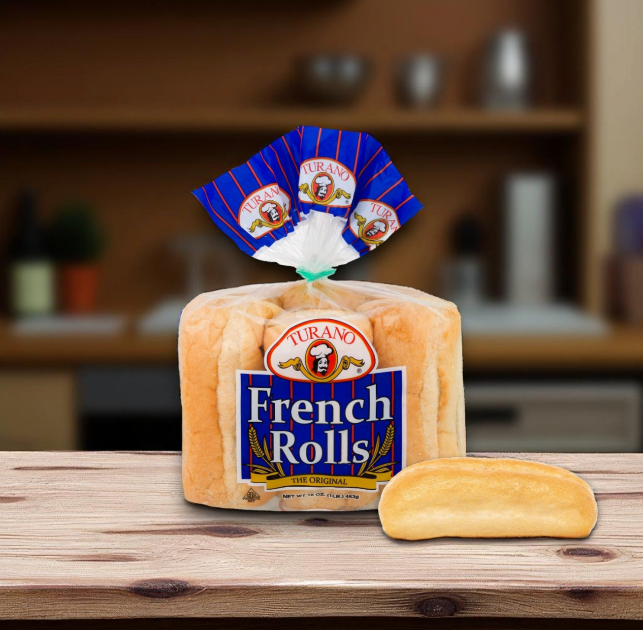 A package of Turano® French Rolls rests on a wooden surface with one roll in front, ready for your Vienna Beef® Italian Style Gravy & Sliced Beef sandwich kit. The Authentic Chicago Sandwich Kit brings iconic flavor to your kitchen.