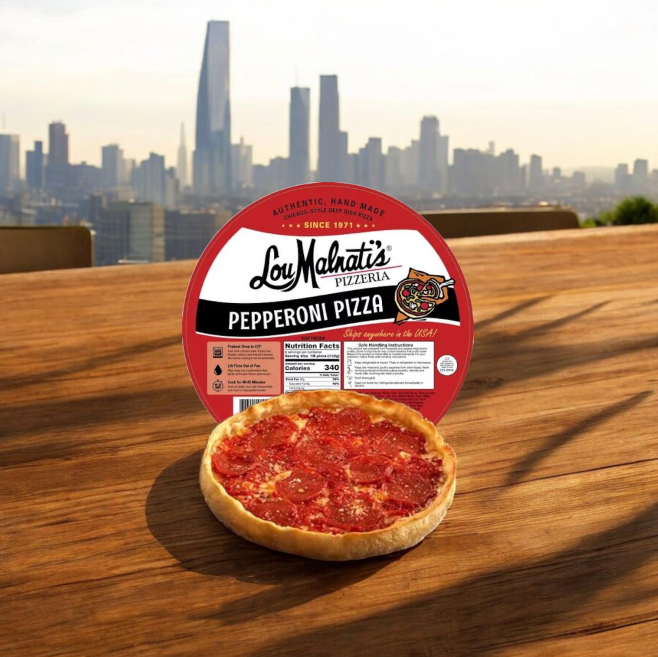 A partially unwrapped Lou Malnati’s Chicago’s Best Combo Kit – Deep Dish & Vienna Italian Beef sits on a wooden table, city skyline in the background.