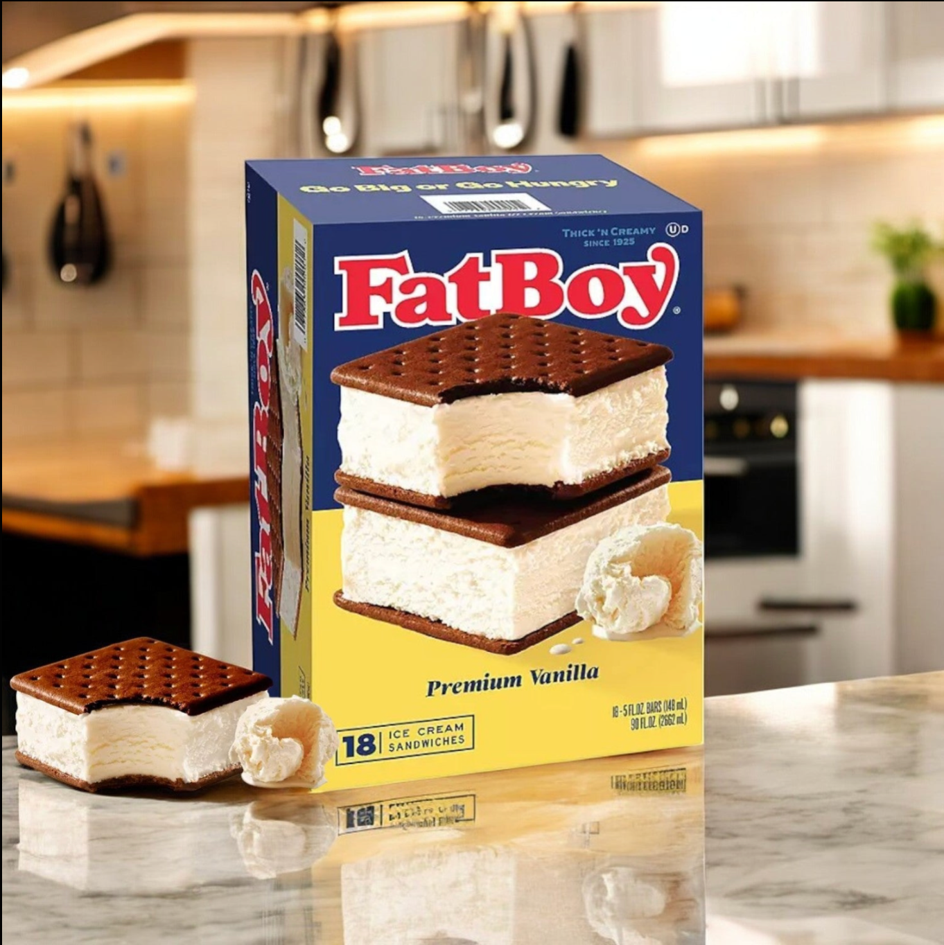 A box of FatBoy Smores Sandwich Bars & Premium Vanilla Ice Cream Sandwich Combo sits on a kitchen counter with one sandwich and a scoop of ice cream in front of it.