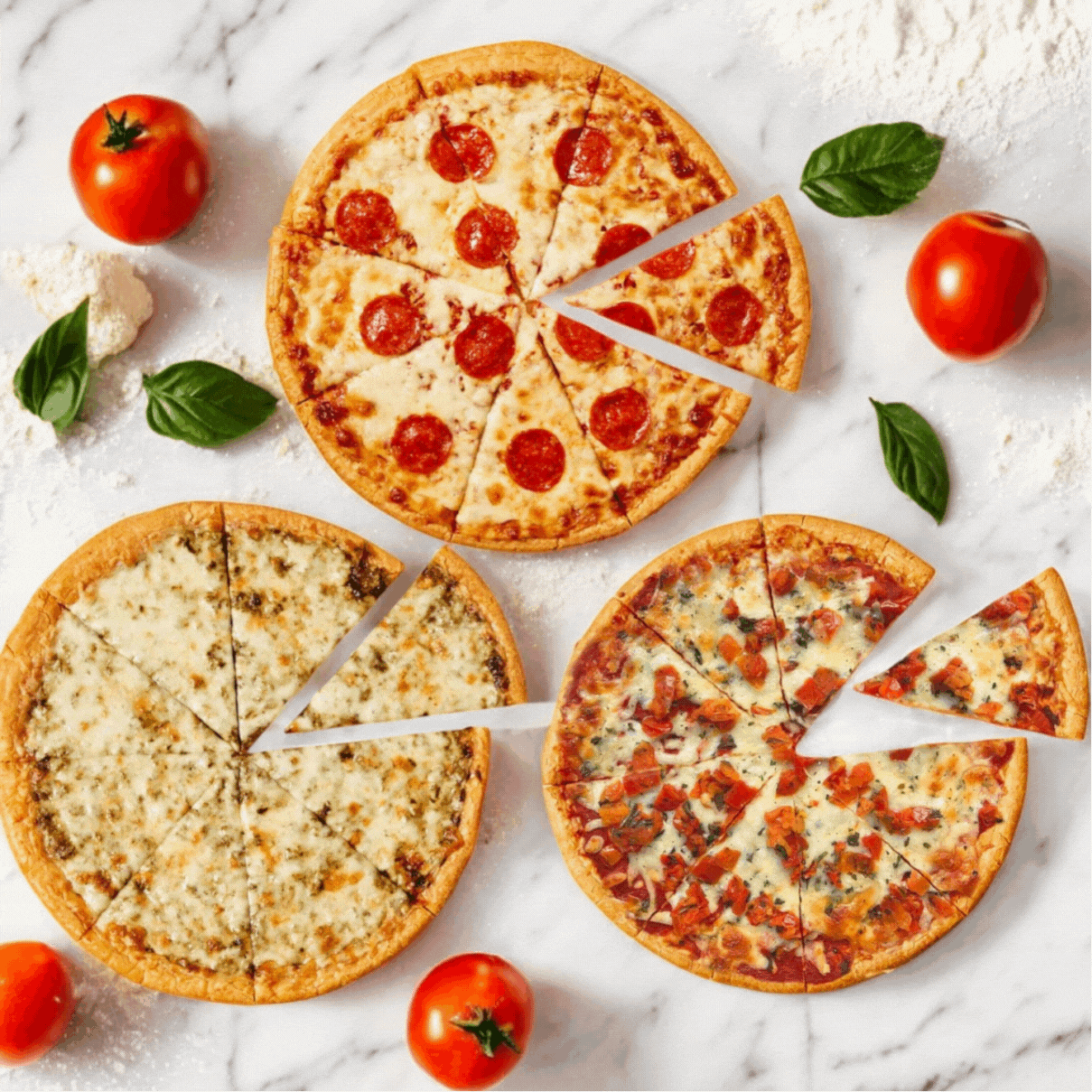Three Against the Grain Gourmet Pizza varieties—gourmet pepperoni, cheese with herbs, and vegetable—are displayed on a marble surface. Surrounded by tomatoes, basil leaves, and flour, they create an inviting scene for any fan of the Against the Grain Gourmet Pizza 3-Pack Combo.