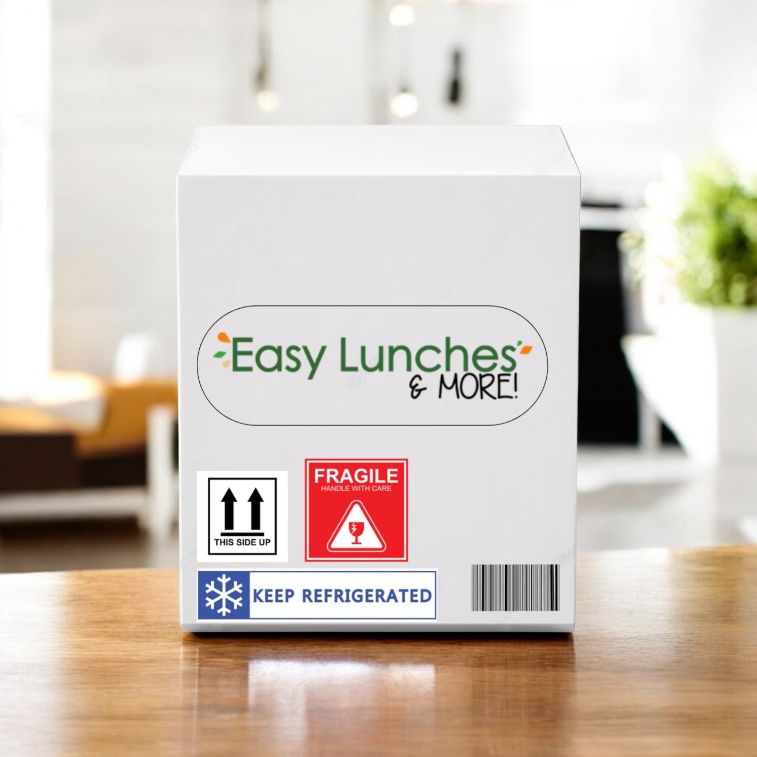 A white delivery box labeled "Easy Lunches & MORE!" sits on a table in a bright room. Marked with "Fragile," "This Side Up," and "Keep Refrigerated," it offers delights like Bistro Soups by Vienna Beef – Cheli’s Chili 4 lb. case, perfect for enhancing foodservice operations.
