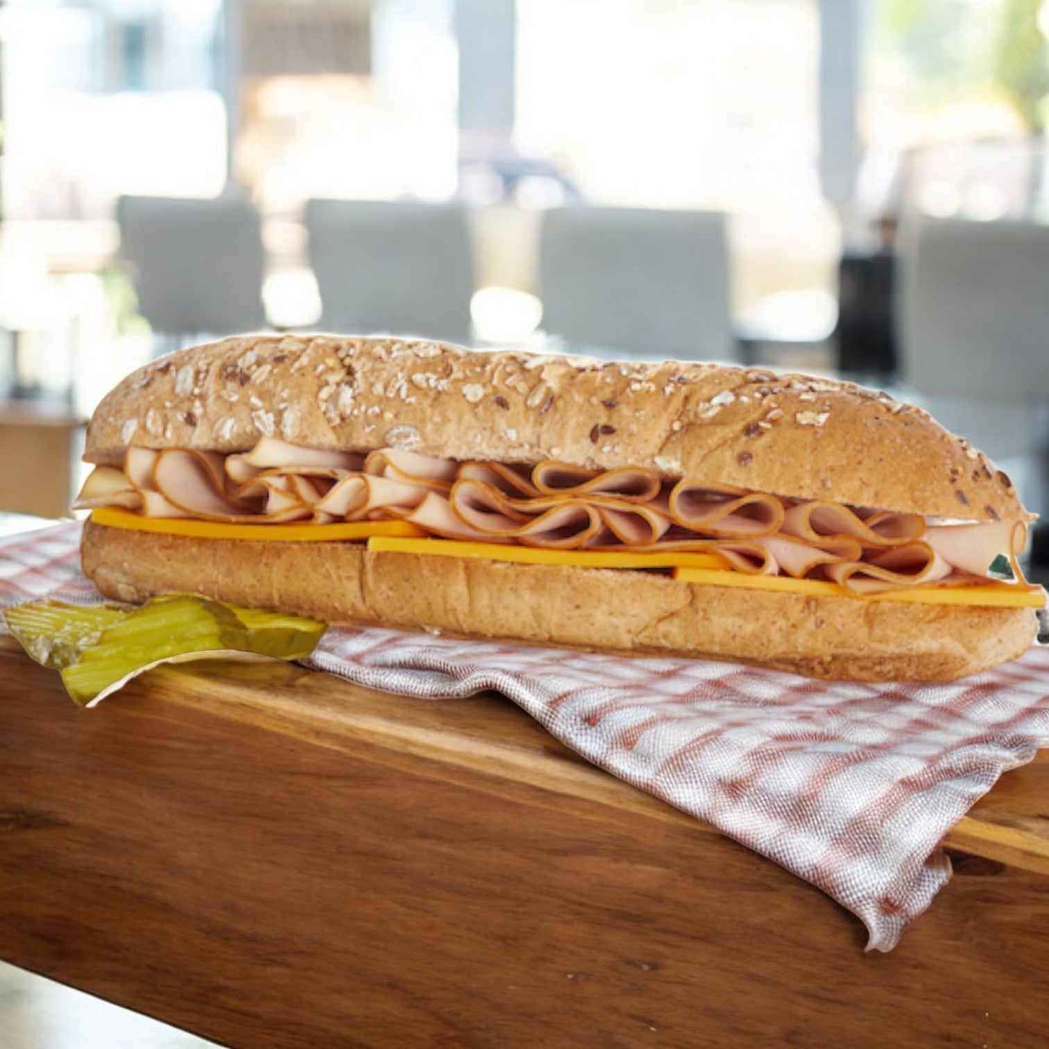 An E.A. Sween Smoked Turkey & Cheddar Sub Sandwich sits on a red-checkered cloth, paired with pickle slices.