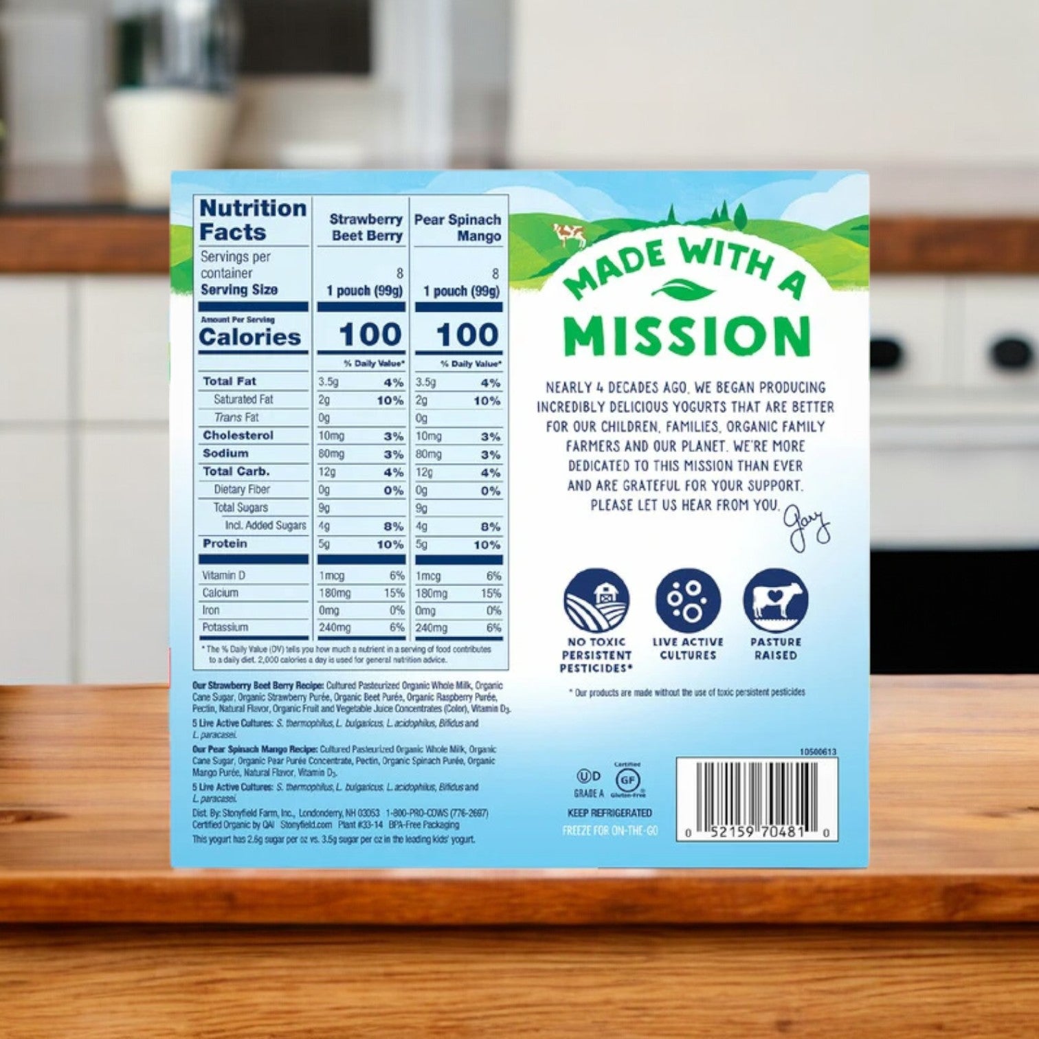 The Stonyfield's Organic Yogurt Pouch, Variety Pack, 3.5 oz, 16-count - 1 Pack displays nutrition facts, the brand mission, and symbols highlighting live active cultures and pasture-raised advantages on its packaging. Crafted from organic whole milk yogurt, this snack for kids offers pleasing pear spinach mango flavors and is grown without the use of toxic pesticides.