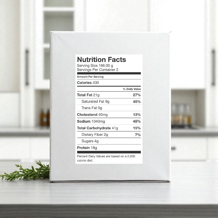 A white Endless Market box of DRAFT - Stouffer’s Pepperoni French Bread Frozen Pizza (1 Count) sits on a kitchen counter, showing a nutrition label with serving size, calories, and nutrients.
