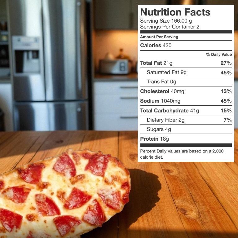 A DRAFT - Stouffer’s Pepperoni French Bread Frozen Pizza - 1 Count by Endless Market sits on a wooden table in a kitchen, showing its nutrition facts label with values per serving.