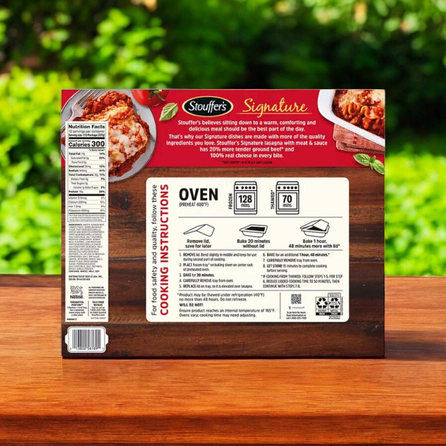 The reverse side of Stouffer's Signature Lasagna with Meat Sauce 96 oz. frozen meal features easy cooking instructions, detailed nutritional information, and enticing images of the delicious family dish.
