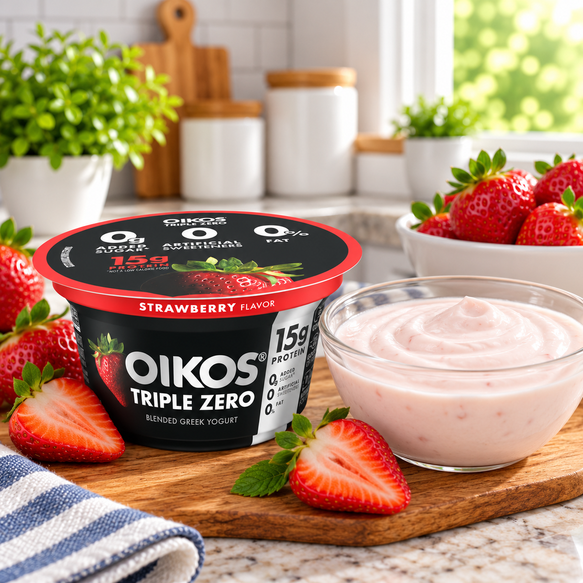 Oikos Triple Zero Strawberry Nonfat Greek Yogurt – 12 × 5.3 oz Cups 1 case
