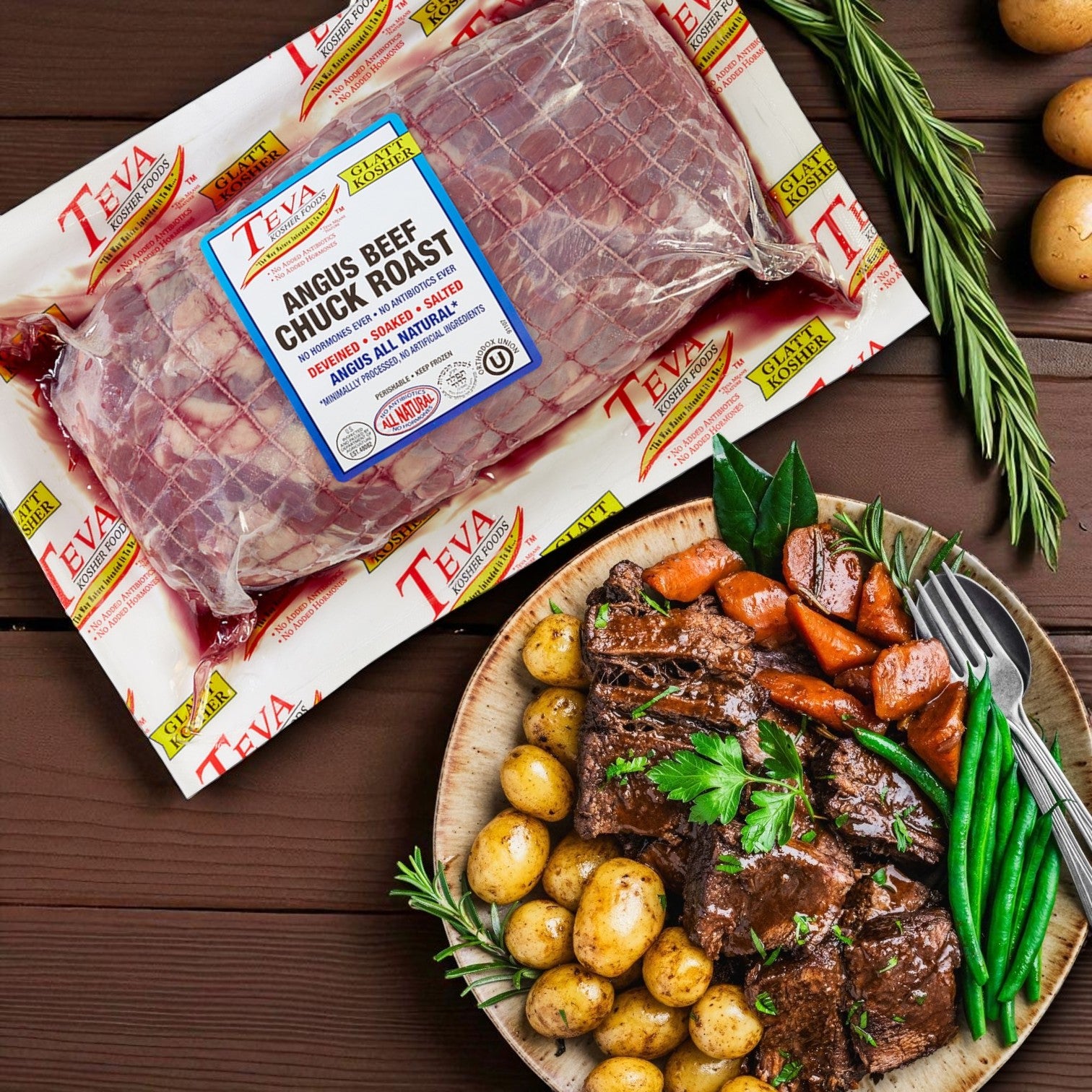 A Teva Kosher Foods Glatt Kosher Angus Beef Chuck Roast – 3.5 lb Avg. Each sits beside a plate of cooked beef, potatoes, carrots, and green beans with rosemary on a wooden surface.