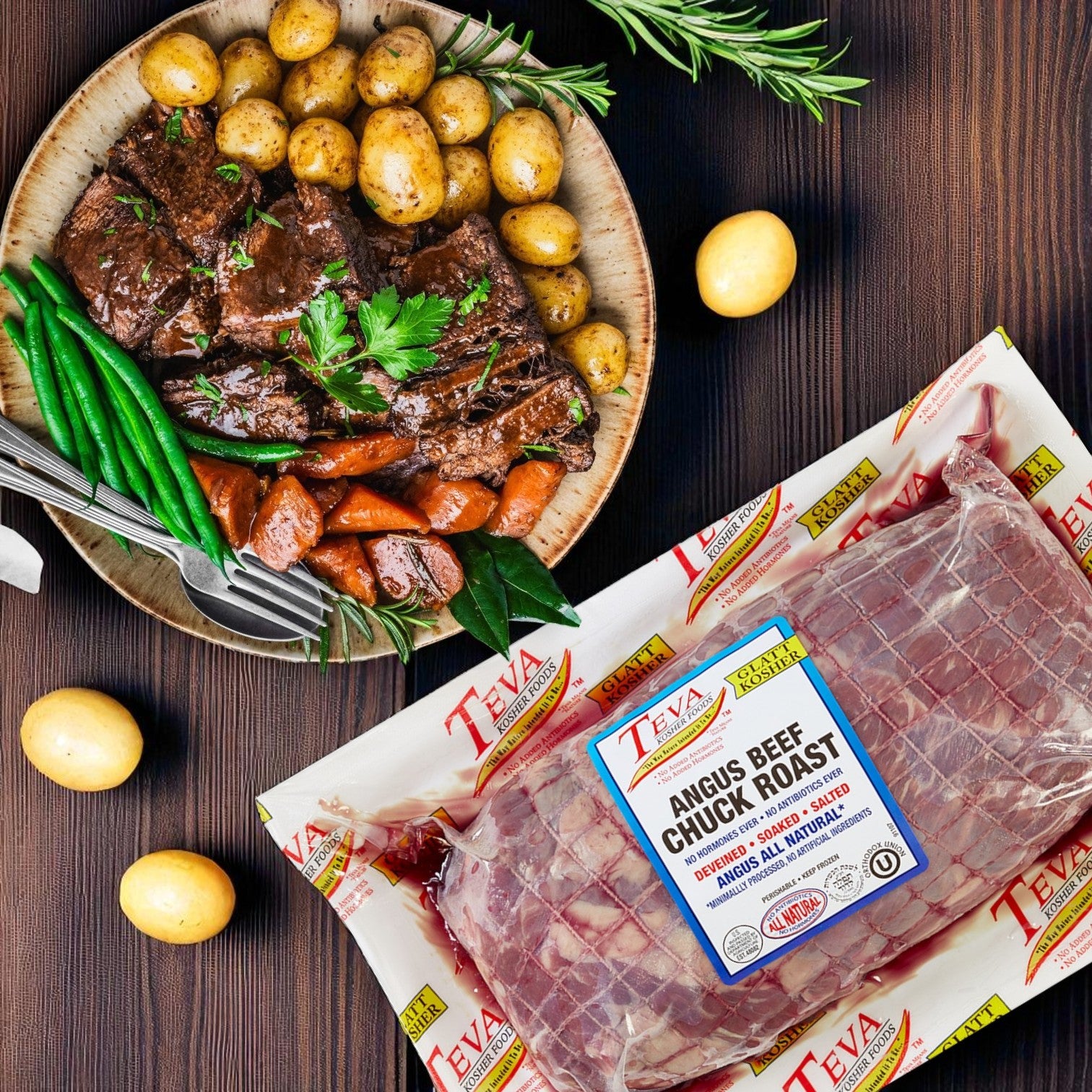 A plate of cooked Endless Market Teva Kosher Foods Glatt Kosher Angus Beef Chuck Roast – 7.5 lb Avg. Each (3 Packs Total) with potatoes, carrots, and green beans is next to a packaged raw roast on a wooden table.