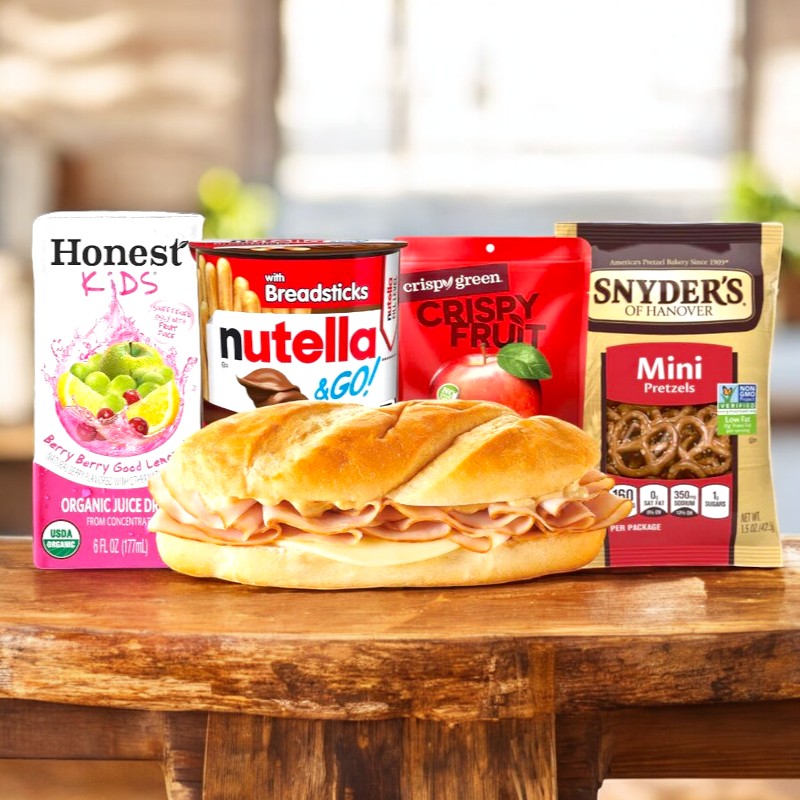 The Easy Lunches Turkey Sub Lunch! includes a smoked white turkey sub, a juice pouch, Nutella with breadsticks, dried apple slices, and mini pretzels.