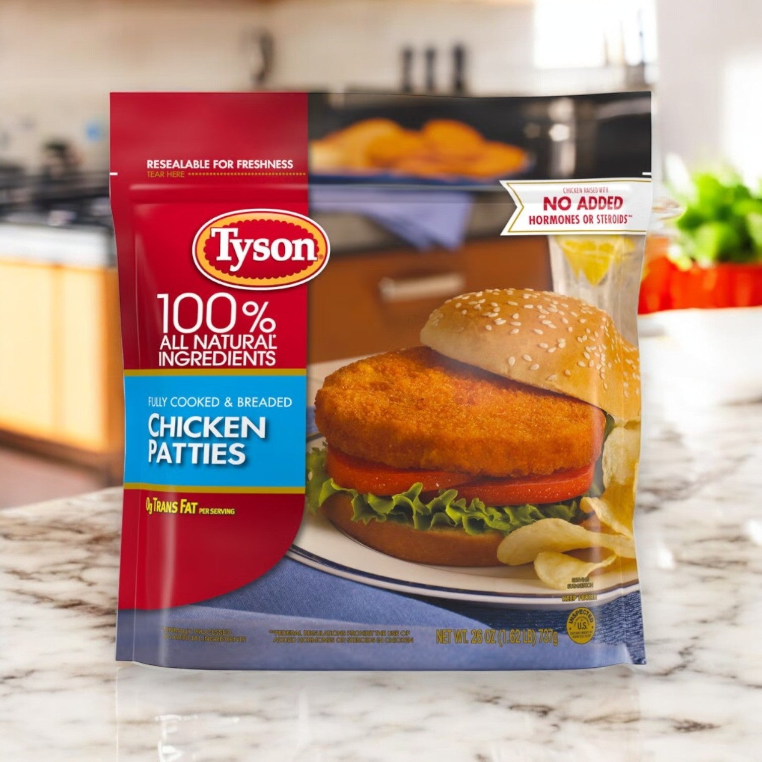 A 26 oz bag of fully cooked Tyson Breaded Chicken Patties rests on the counter, featuring all-white meat made with 100% natural ingredients and no added hormones or steroids.