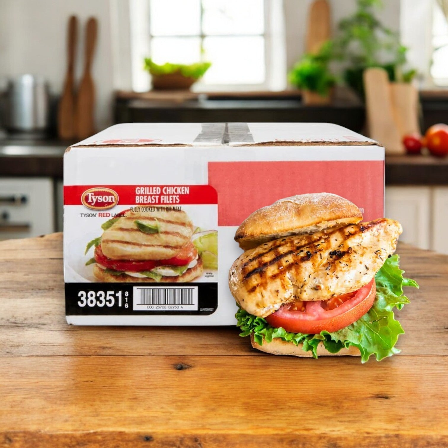 A box of Tyson Red Label Grilled Chicken Breast, 10 lbs, rests on the counter. A sandwich features these high-protein filets, fresh tomato, and crisp lettuce on a bun.