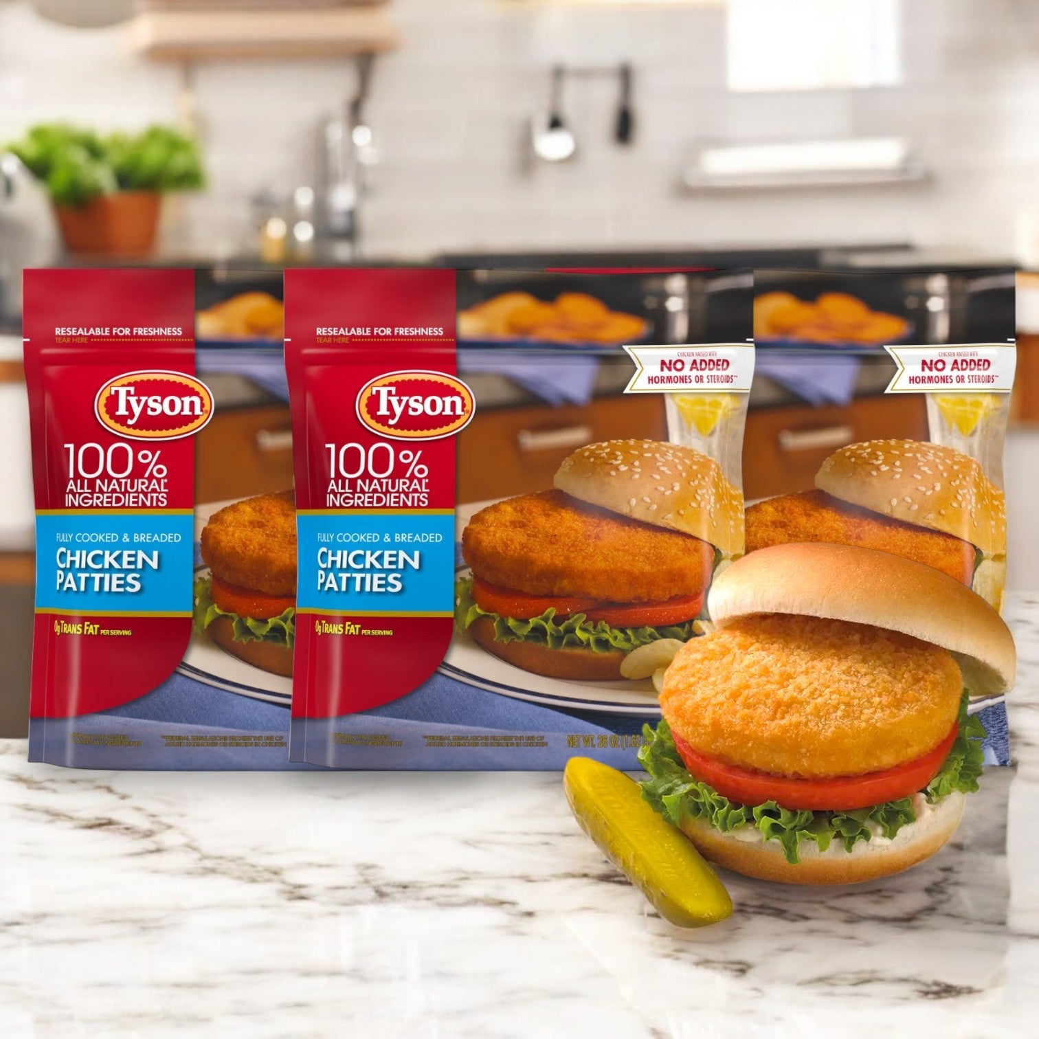 Three 26 oz bags of Tyson Breaded Chicken Patties are shown, each featuring a fully cooked chicken patty in a sandwich with lettuce and a pickle. The crispy breaded coating offers an appetizing crunch, all set against a blurred kitchen background.