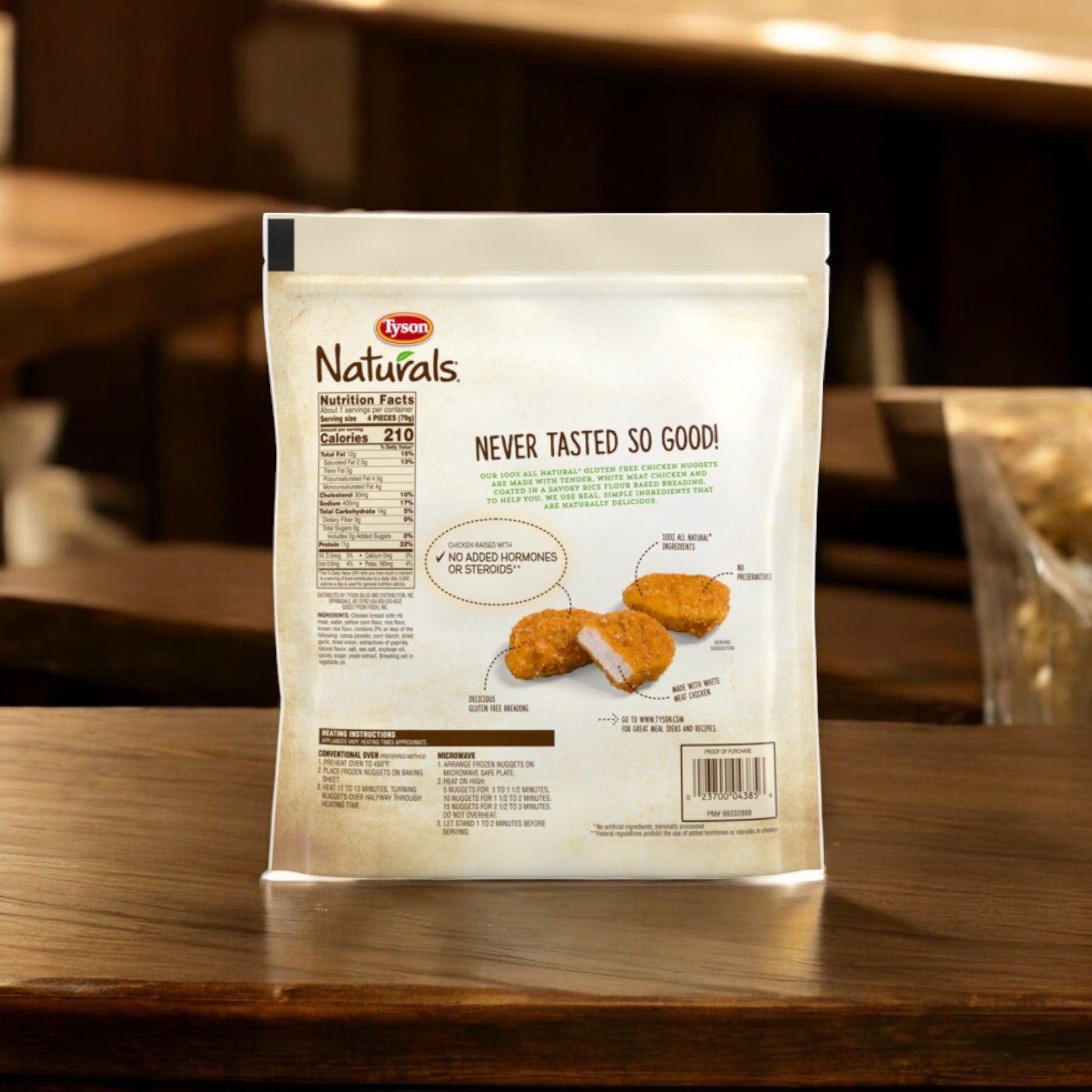 The Tyson Naturals Gluten Free Breaded Chicken Breast Nuggets, 20 oz. - 3 Bag features "Never Tasted So Good!" text, nutrition facts, and an image of crispy chicken breast nuggets.