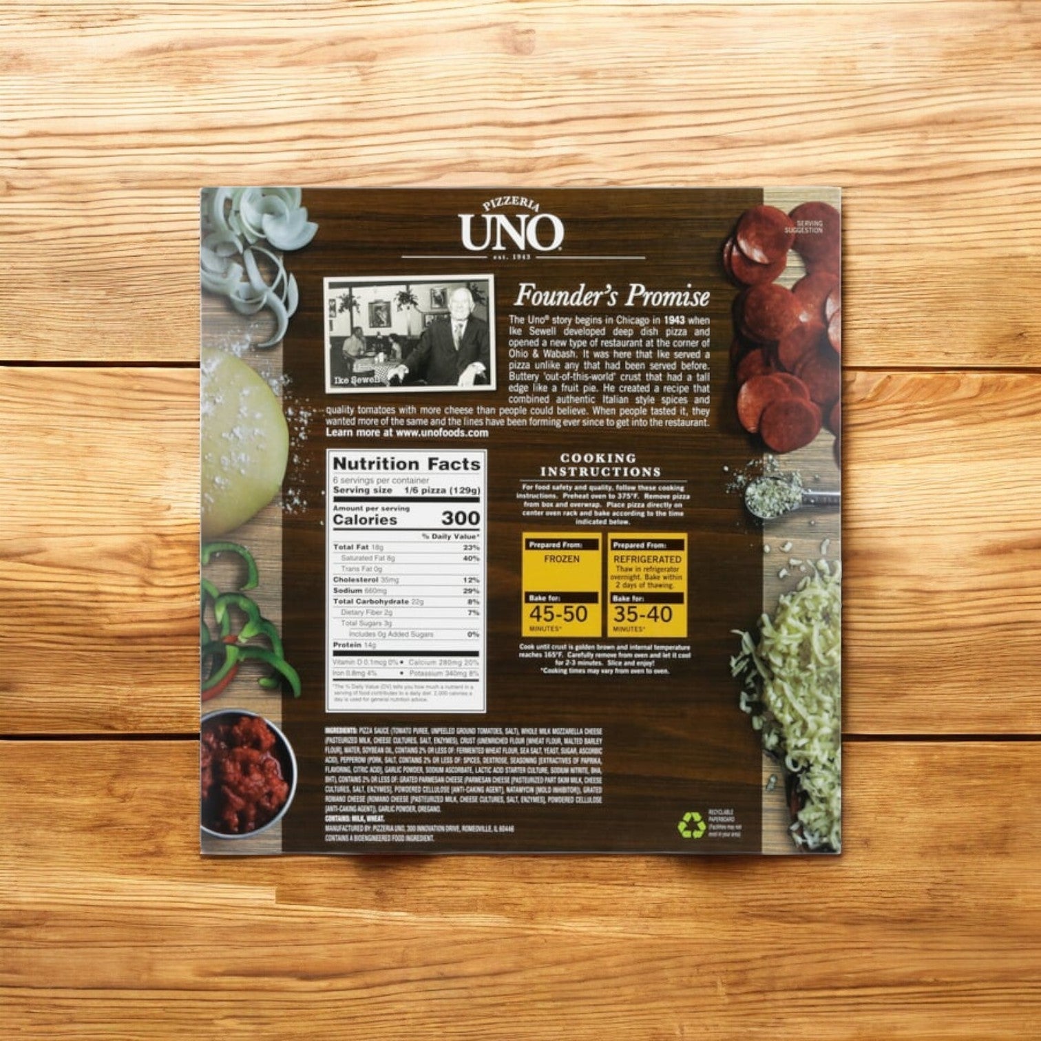 The Pizzeria Uno 9in Chicago Style Deep Dish Prima Pepperoni Pizza box displays nutrition facts and cooking instructions. It features inviting images of cheesy pepperoni pizza with tomato sauce on a warm wood backdrop, perfectly crafted for your indulgence!.