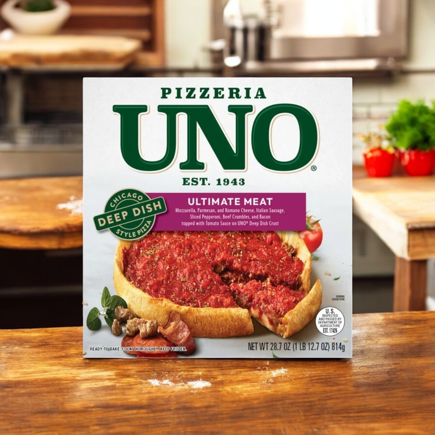A Pizzeria Uno Deep Dish Combo Pack sits on the counter, spotlighting its Ultimate Meat pizza. The box flaunts the Chicago Style Deep Dish with mozzarella and Italian sausage, promising an authentic taste.