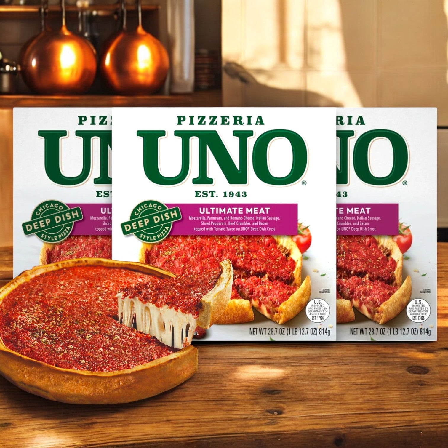 Three boxes of Uno Chicago Style Deep Dish Ultimate Meat Pizza, 28.7 oz. - 3 Count from Pizzeria Uno are shown, highlighting a sliced pizza with gooey cheese and rich toppings in front.