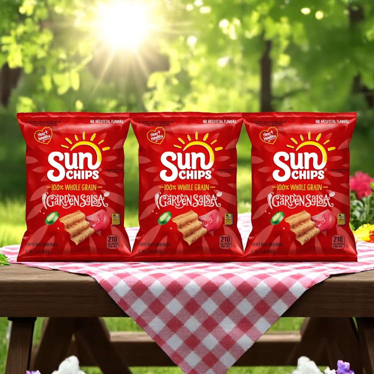 Ten assorted snack chips from the E.A. Sween 10-Pack Wrap & Sub Sandwich Bundle sit on a picnic table with a red and white checkered tablecloth, ready to pair perfectly with any meal in this inviting garden setting.