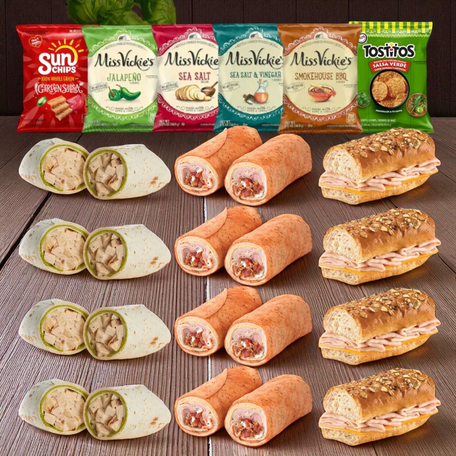 The E.A. Sween 10-Pack Wrap & Sub Sandwich Bundle with 10 Assorted Snack Chips offers a convenient grab-and-go meal, featuring a variety of wraps, subs, and chips from top brands—all arranged for easy sharing.