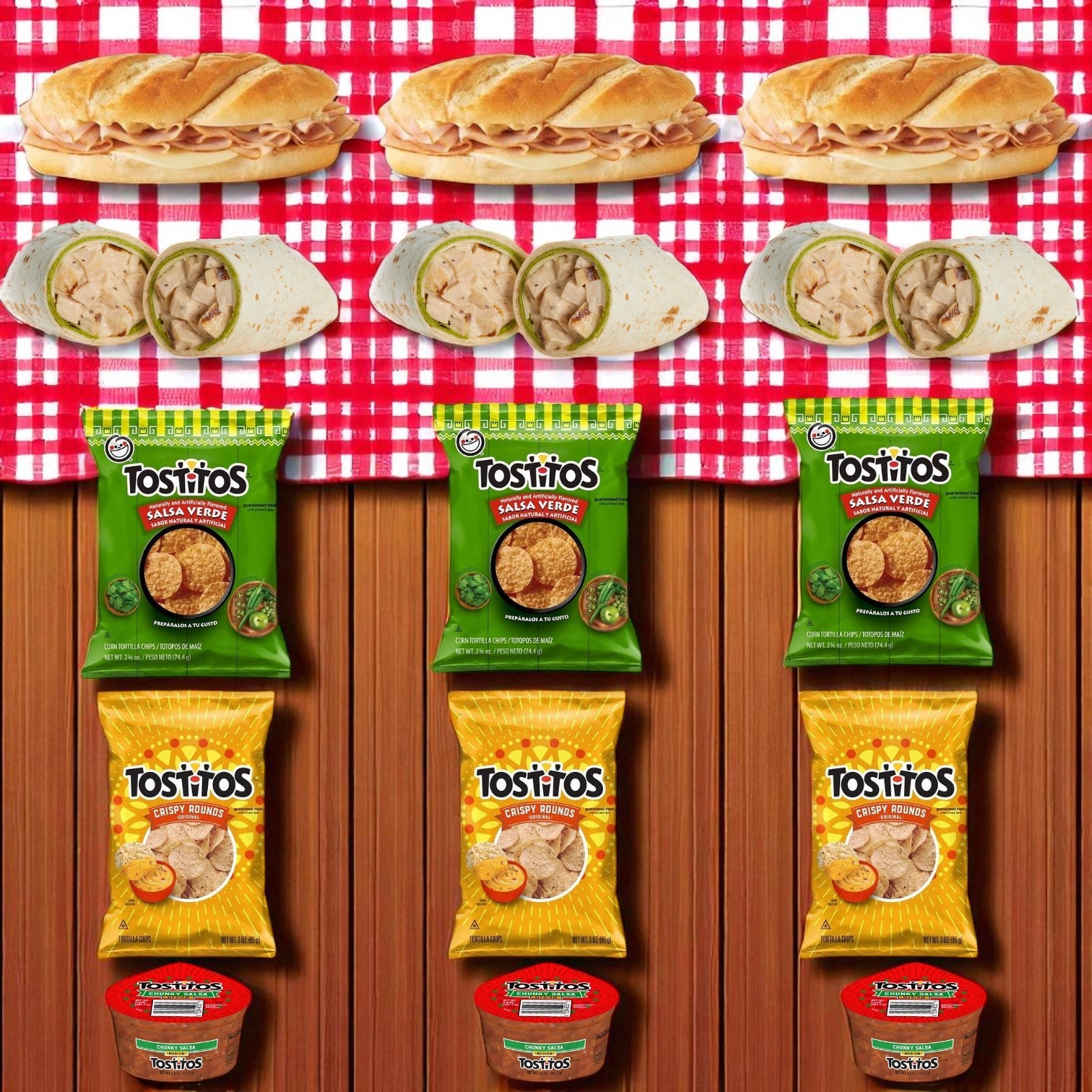Three E.A. Sween Sandwiches and Tostitos Snack & Deli Combo Packs—each with a sandwich, wrap, chips, and salsa cup—are arranged on a red checkered tablecloth.