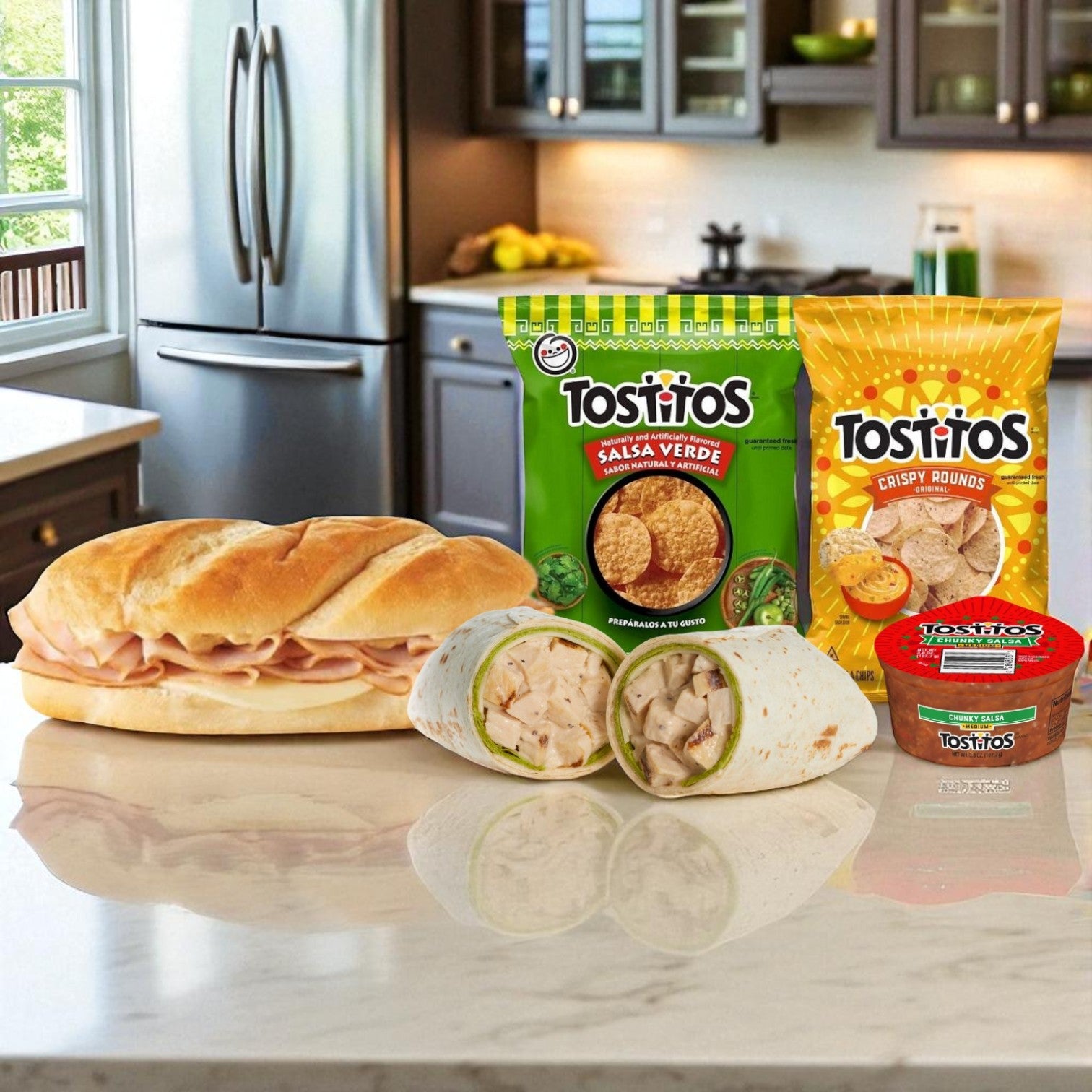 E.A. Sween’s Sandwiches and Tostitos Snack & Deli Combo Pack includes 3 sandwiches, 3 wraps, 6 chips, and 3 salsa cups, all neatly arranged on a kitchen counter.