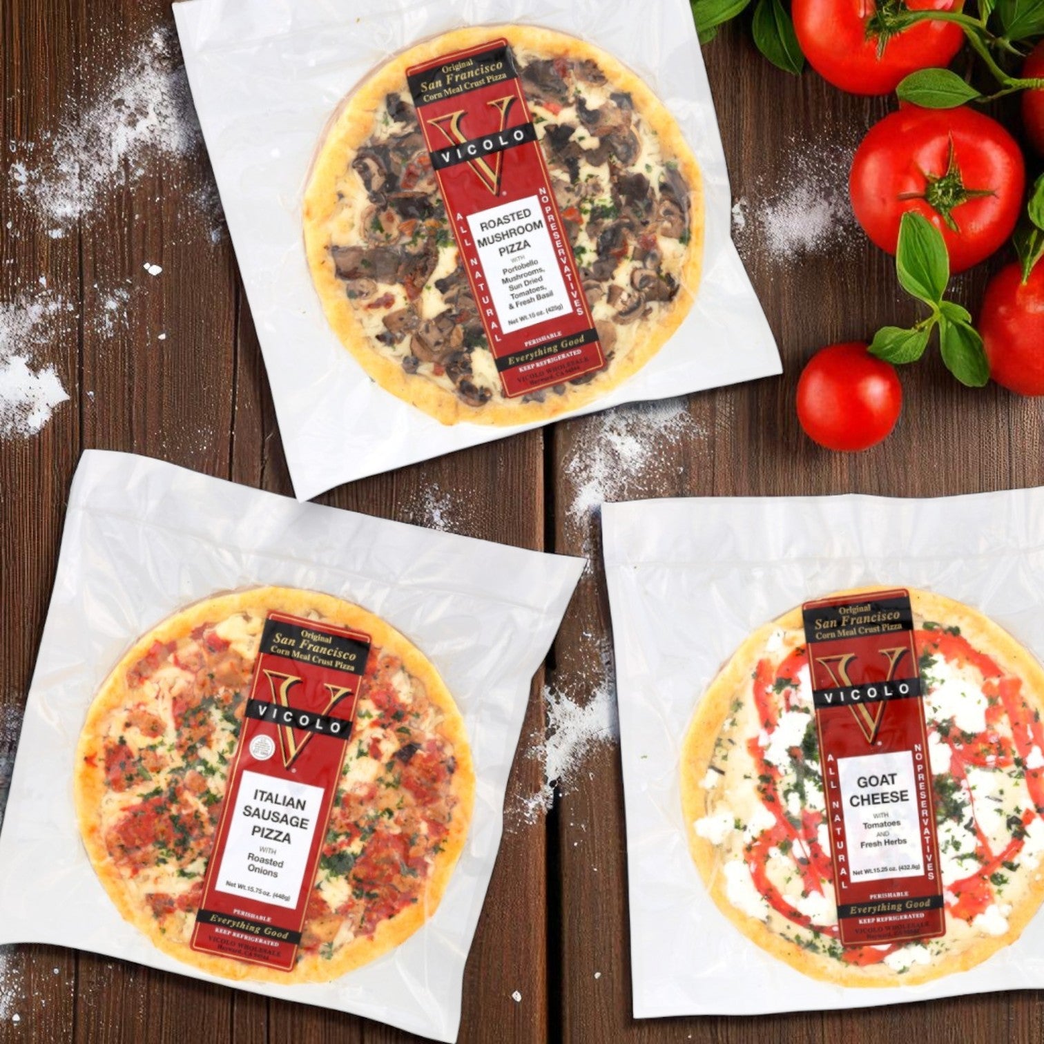 Vicolo Corn Meal Crust Pizzas – Goat Cheese with Tomatoes & Fresh Herbs (15.25 oz), Roasted Mushroom (15 oz), and Italian Sausage with Roasted Onions (15.75 oz)
