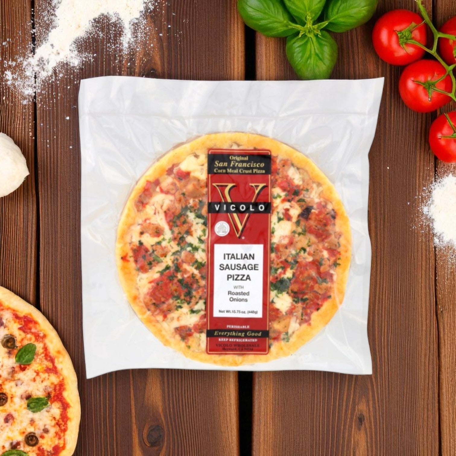 Vicolo Corn Meal Crust Pizzas – Goat Cheese with Tomatoes & Fresh Herbs (15.25 oz), Roasted Mushroom (15 oz), and Italian Sausage with Roasted Onions (15.75 oz)