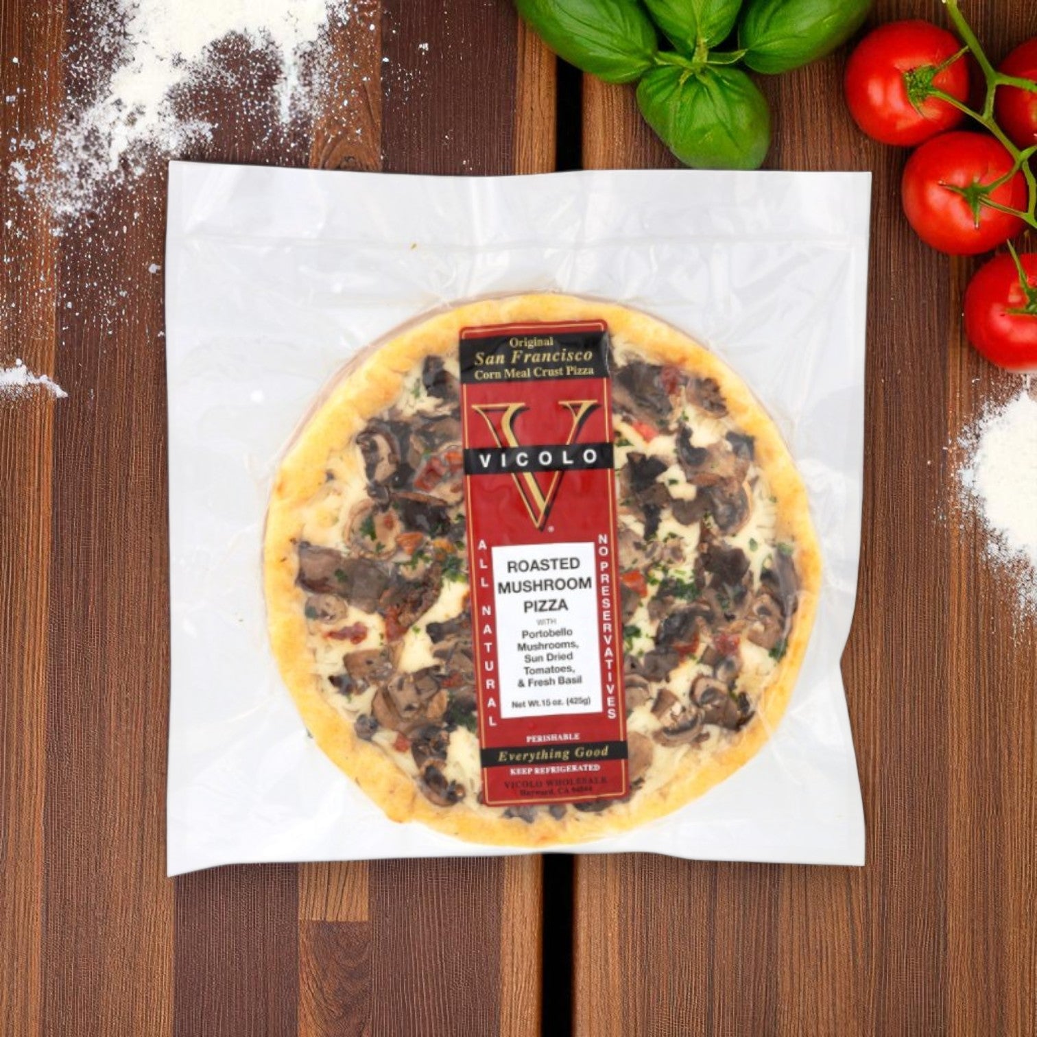 Vicolo Corn Meal Crust Pizzas – Goat Cheese with Tomatoes & Fresh Herbs (15.25 oz), Roasted Mushroom (15 oz), and Italian Sausage with Roasted Onions (15.75 oz)