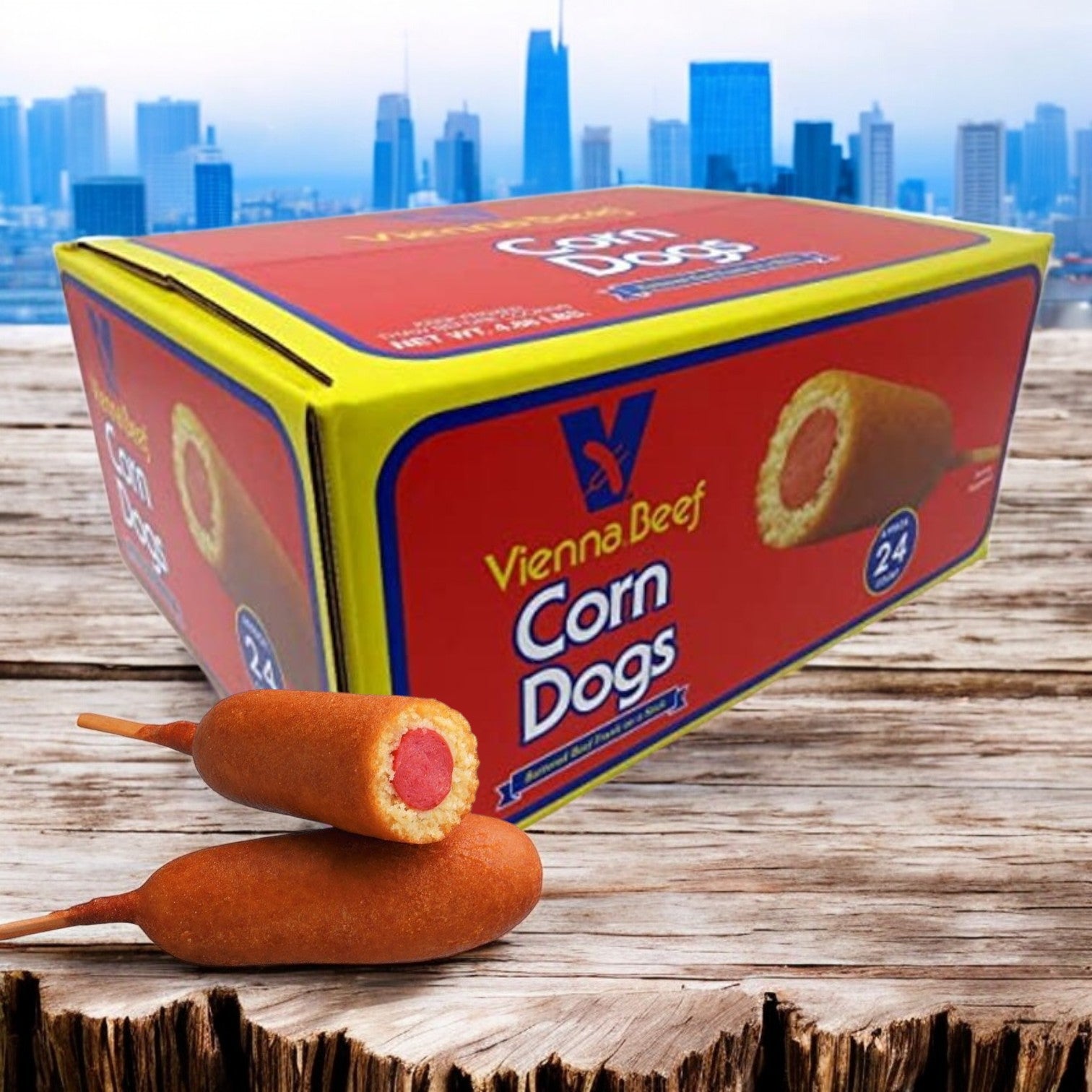 A 24-count box of Vienna Beef Corn Dogs (3.25 oz each) wrapped in golden cornmeal batter is showcased with a city skyline backdrop, promising a premium Vienna Beef hot dog experience for your taste buds.