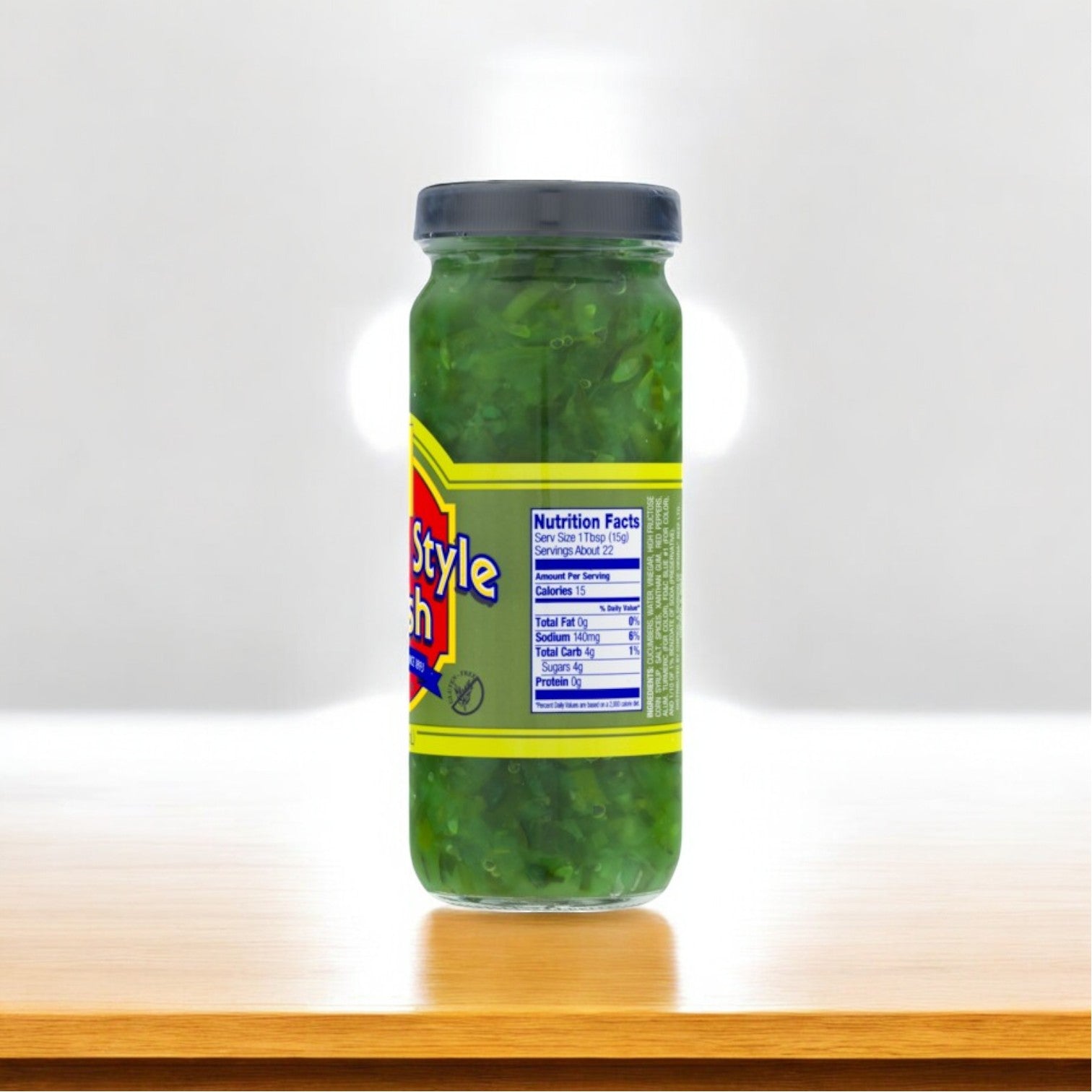 A jar of Vienna Beef's Chicago Style Vienna Relish, 12 oz., featuring a nutrition facts label, sits on a wooden surface against a light background, delivering an authentic Chicago flavor in every bite.