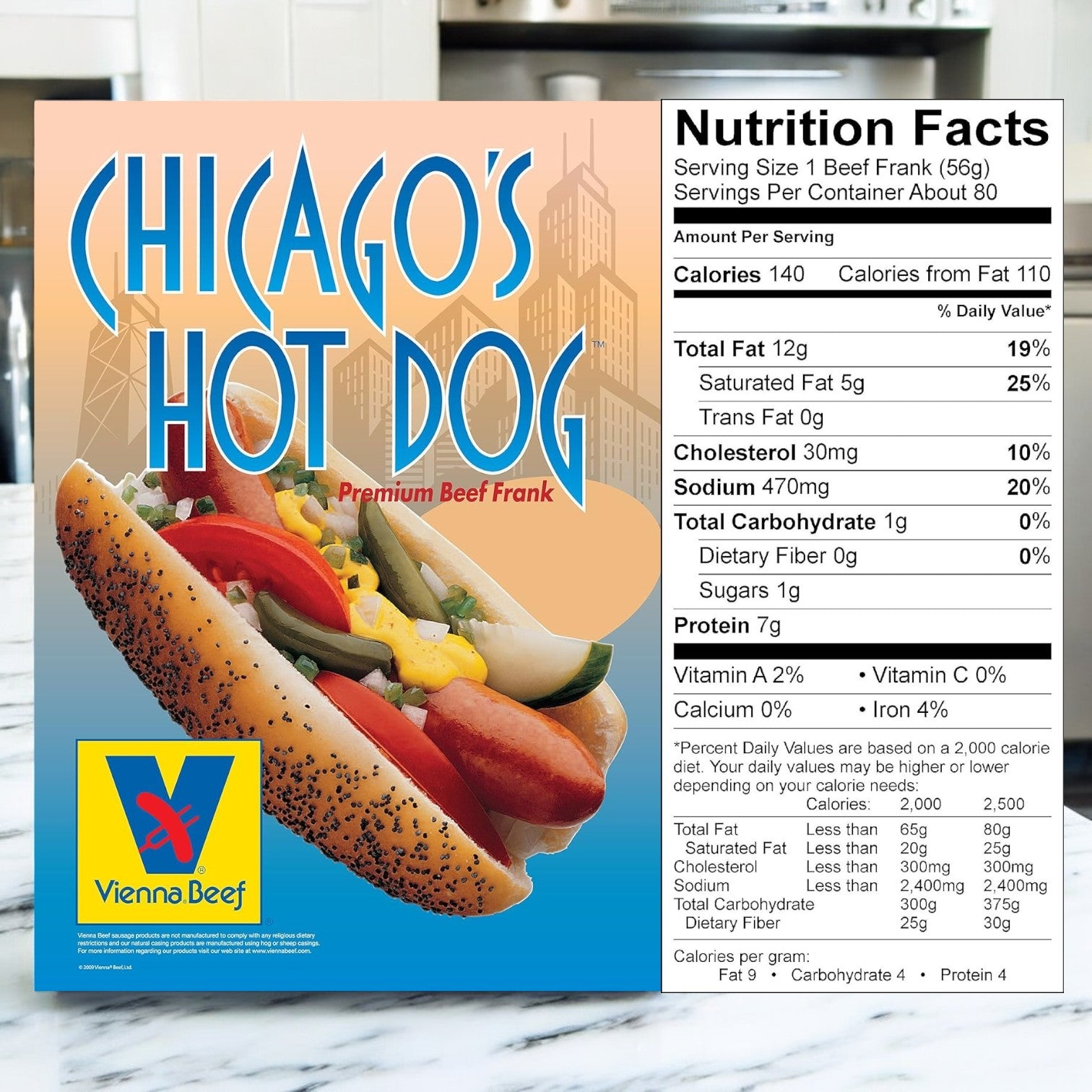 The image features a Chicago-style hot dog with classic toppings and the Vienna Beef logo, highlighting their Natural Casing Franks. Nutritional information covers calories, fat, cholesterol, sodium, carbs, and protein per serving of Vienna Beef Natural Casing Franks 6" from a 10 lb box of 80 franks.