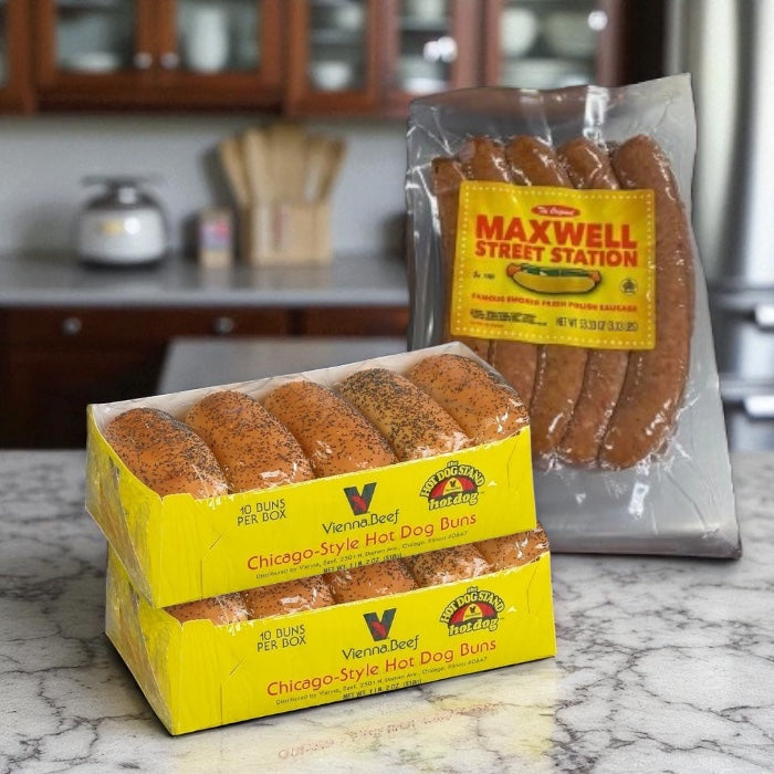 Maxwell Street Station Famous Smoked Fresh Polish Sausage & Vienna Poppy Seed Hot Dog Buns (3 Items Total)