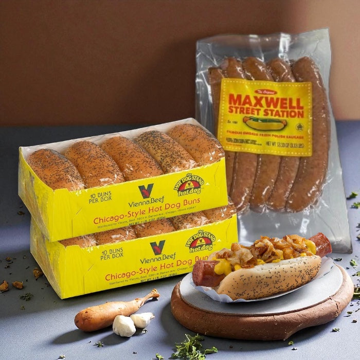 Maxwell Street Station Famous Smoked Fresh Polish Sausage & Vienna Poppy Seed Hot Dog Buns (3 Items Total)