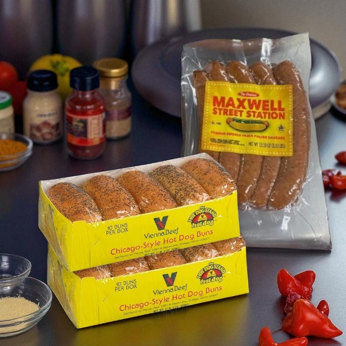 Maxwell Street Station Famous Smoked Fresh Polish Sausage & Vienna Poppy Seed Hot Dog Buns (3 Items Total)